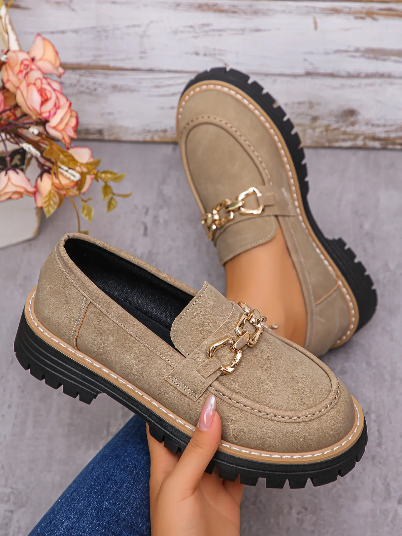 Women's Casual Thick Sole Slip-On Loafers, Metal Buckle Design, Spring & Fall Fashion Shoes, Sizes 36-43, All Seasons Wearable