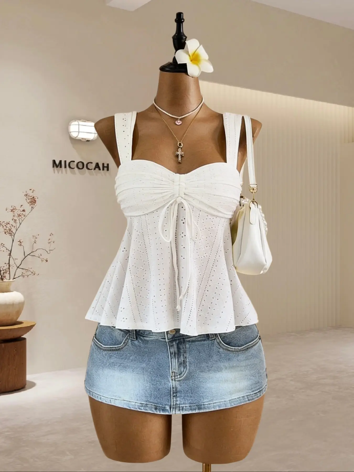 French Cut Out Wide Strap Tank Top Women, Feminine Adjustable Chest Drawstring Tie Waist Ruffle Hem Slimming Fit Short Sleeveless Casual Top Sleeveless Ruffles Top