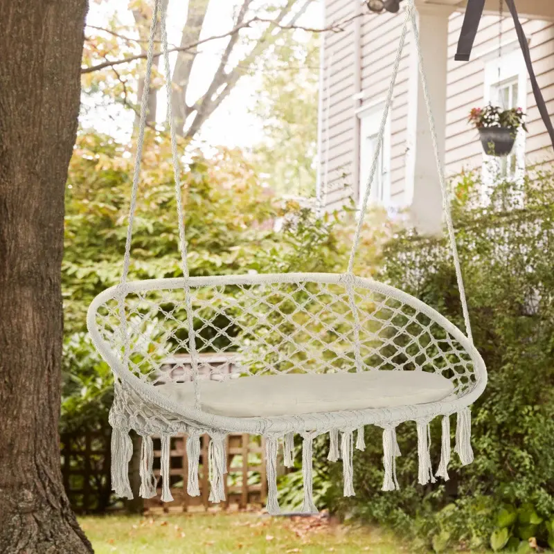 Crestholm 2-Person Macrame Hammock Chair, 65% Cotton Rope Hanging Chair with Cushion & Built-In Armrests, 396 lb Capacity, Curved Back for Indoor, Outdoor, Patio, Bedroom