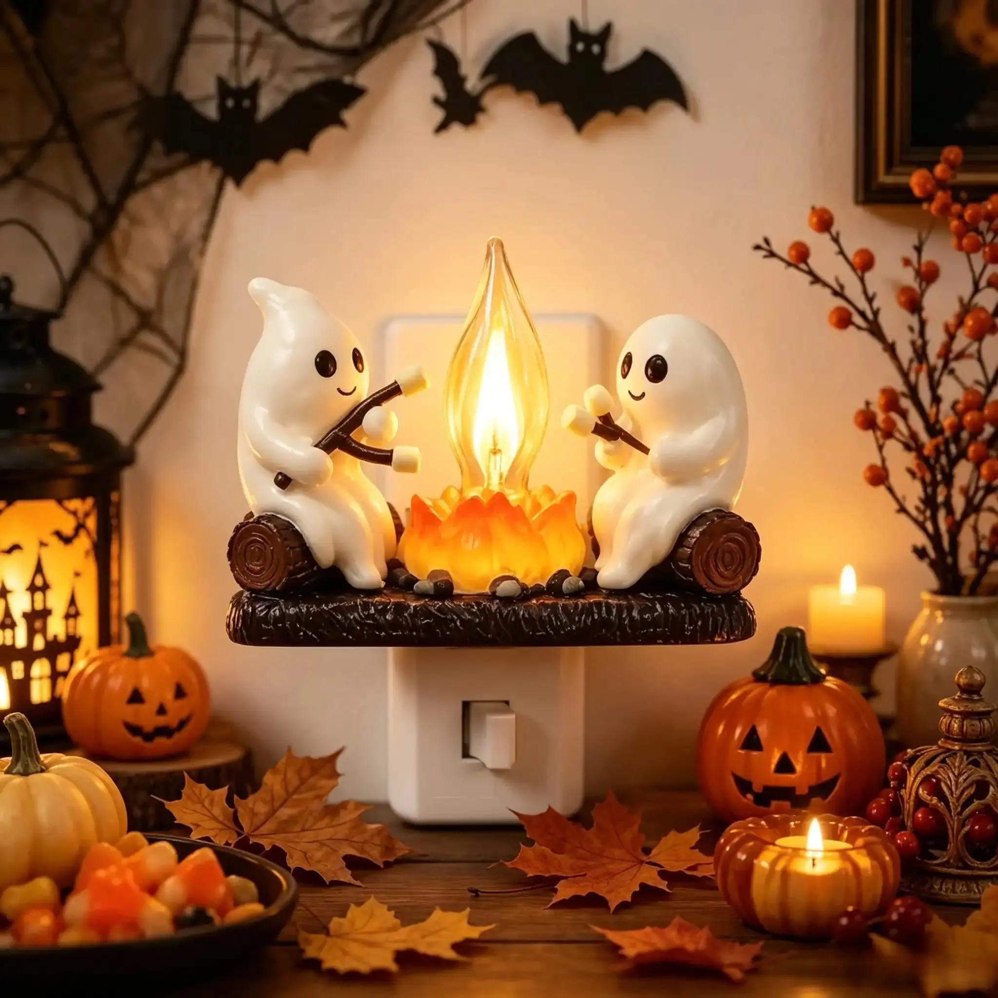 Cute Ghost Theme Plug-In Nightlight - LED Lamp with Flicker Fire Effect, Marshmallow-Roasting Campfire Design, LED Lights Bedroom Indoor Home Party Seasonal Ambient Wall Insert Decor halloween decorations