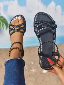 Women's Fashionable Plain Color Ankle Strap Sandals, Casual Comfortable Flat Sandals for Summer, Lightweight Breathable Shoes for Daily Wear, Lightweight Strappy Sandals, Girl