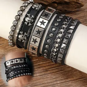 Multi-layer Retro Beaded Bracelet Set - 4PCS - Punk Skull Five-pointed Star Braided Black Genuine Leather Bracelet Handmade Chunky Stackable Wristband Rock Enthusiasts Jewelry|Bold Fashion Statement|Genuine Leather Bands Couple Accessories
