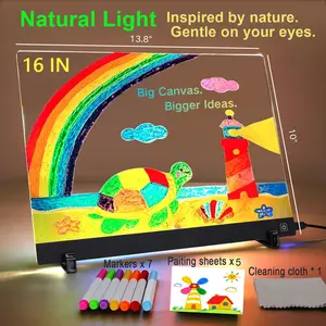 16” Large LED Drawing Board with Natural Light, Plug-In Light-Up Acrylic Message Board with Desk Stand, 4 Gentle Light Modes, Includes 6 Color Tracing Sheets, Dry Erase Glow Drawing Pad & Night Light for Kids, Students & Desk Decor