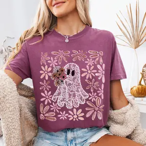 Floral Ghost Comfort Colors Tee Retro Fall Shirt Graphic Womenswear Cozy Aesthetic Top Trendy Outfit