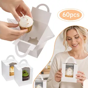 60 pcs White Cupcakes Containers Gift Boxes with Clear Window Auto-pop up Individual Cupcake Boxes for Wedding Birthday Party Favors