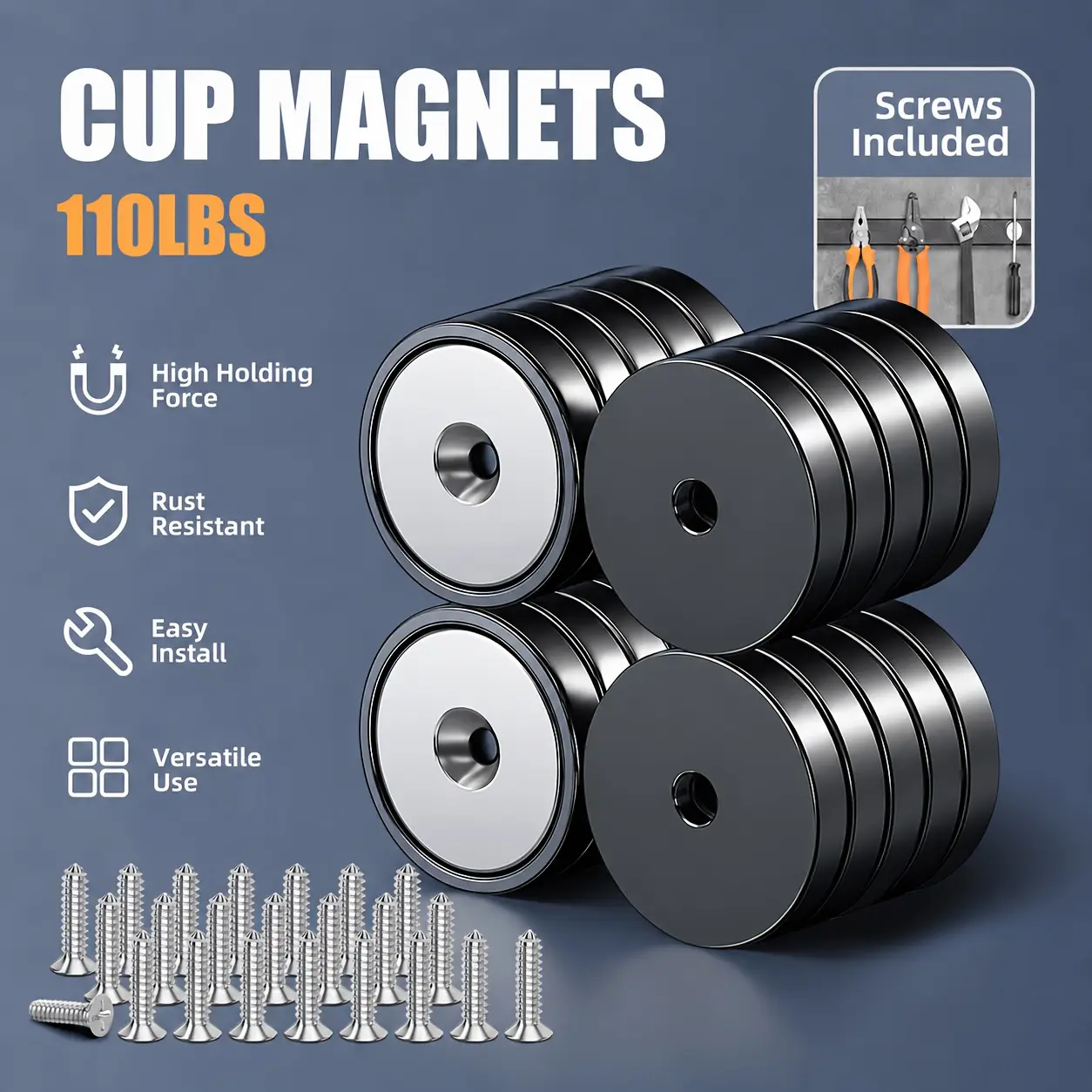 SIDIPER Neodymium Magnets Cup Magnets with Countersunk Hole, Professional-Grade Round Base Rare Earth Magnets, 110 LBS Pull Force, 1.26" D X 0.2" H, Extra Screws Included