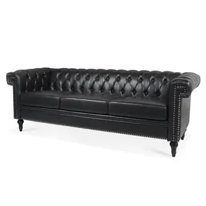 PU Leather Chesterfield Sofa, 84'' Modern 3 Seater Couch Furniture with Square Arms and Wood Legs for Living Room Bedroom Apartment