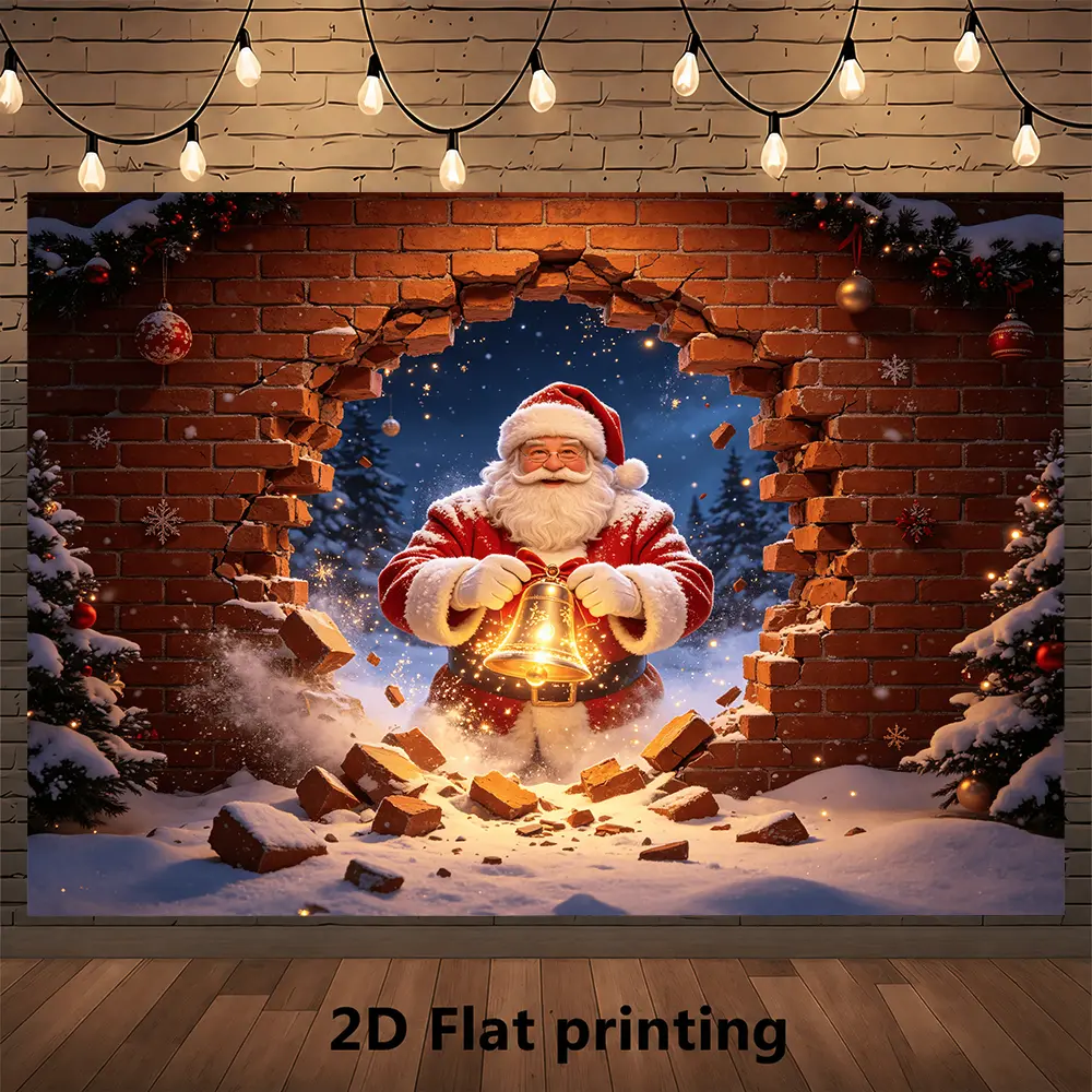 Christmas Santa Backdrop, Magical Brick Wall Winter Scene with Warm Lantern Snow and Festive Lights, Holiday Photo Background for Photography Studio, Party Display and Seasonal Content