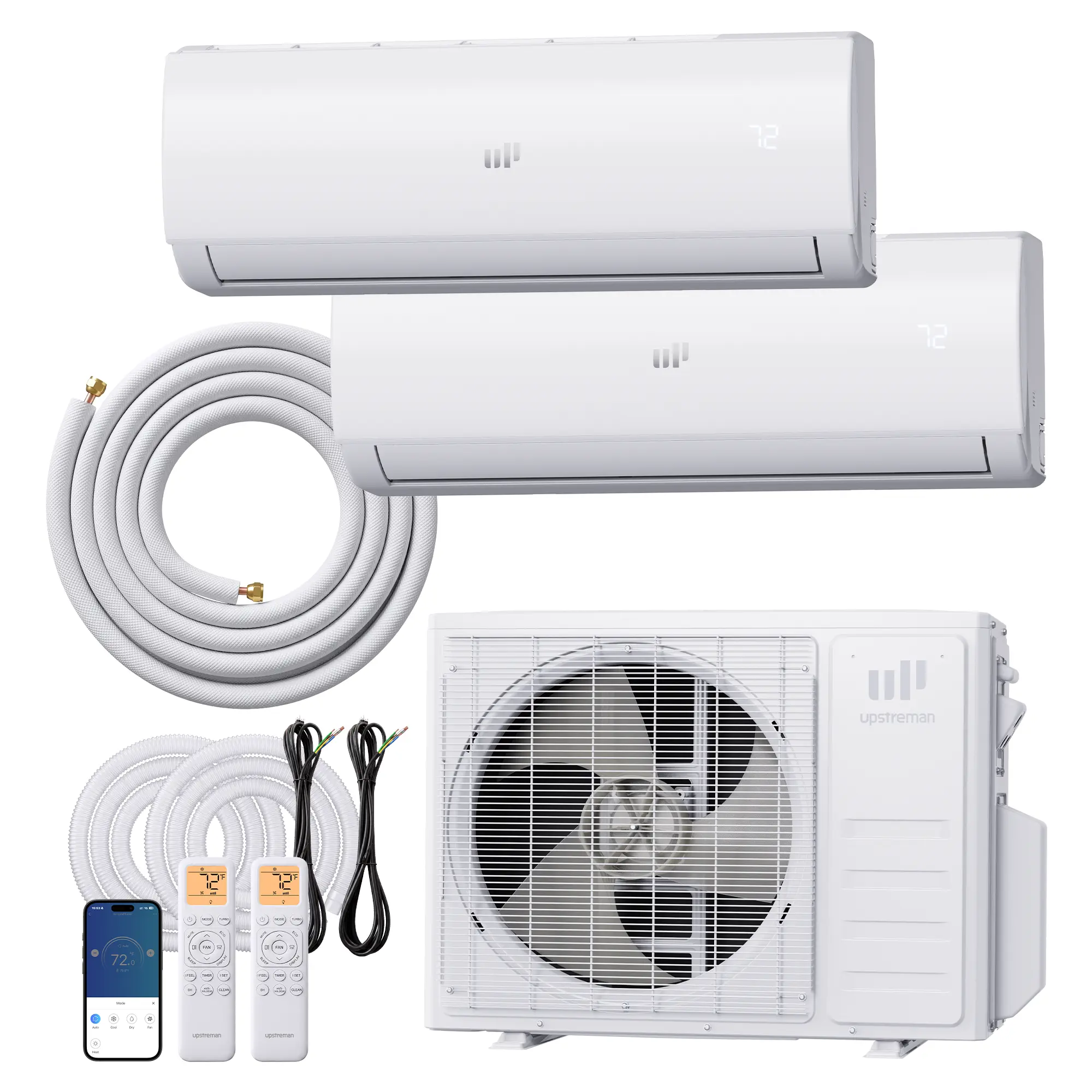 Upstreman Mini Split AC System – Single-Zone & Multi-Zone Air Conditioners, 12K–28K BTU, 20 SEER2 Inverter, 115V/230V, Wall-Mount Complete Kit with Installation Accessories (White/Silver) – Heater, Cooler, Dehumidifier
