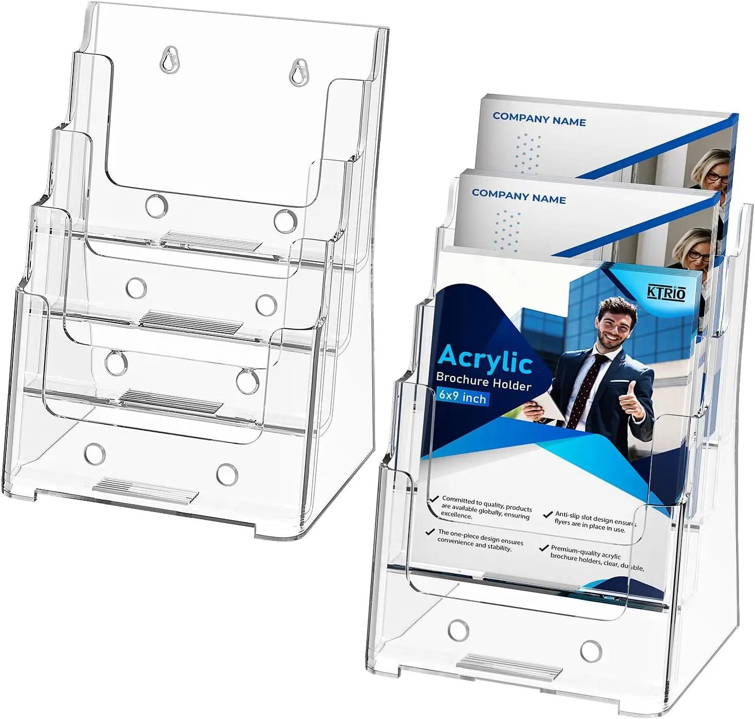 KTRIO 4 Tier Acrylic Brochure Holder 6 x 9, Clear Pamphlet Display Stand Plastic Flyer Organizer for Literature, Catalogs, Desk & Wall Mount, 2 Pack
