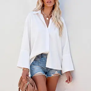 Women's Loose Fit Long-Sleeve Button-Down Collared Formal Fashion Shirt, Oversized Minimalist Basic Polyester Solid Color Lapel Work Top
