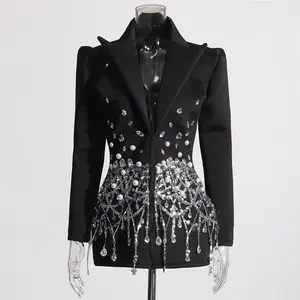 Socialite Style New Turn-Down Collar Long Sleeve Butterfly Sequin Full Diamond Ultra-Short Blazer Dress for Women Casual Womenswear