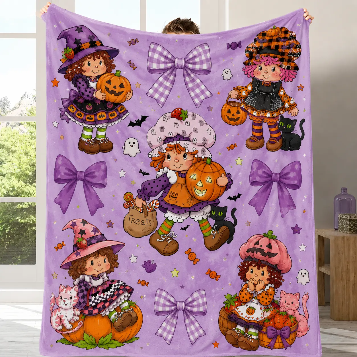 Trending Halloween Strawberry Shortcake Throw Blanket Pink Strawberry & Bow Coquette Blanket, Blanket for Home, Perfect Gift for Strawberry Shortcake Fans, Warm All-Season Blanket Must-Have Cute Blanket for Girls, Ideal Birthday/Christmas Gift