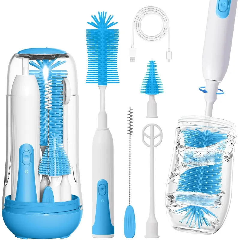 Rechargeable Portable Electric Bottlewasher Kit for Travel, with Silicone Nipple Cleaner, Straw Cleaner, Drainage Rack, Storage Box (Sky Blue)