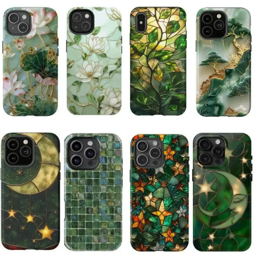 Green Vibe Faux Stained Glass Collection Printed Themed Phone Case Premium Matte Texture, Protection, Shockproof, Anti-Drop, Anti-Fingerprint For IPhone 17-12, Pro Max, Pro Plus, and Samsung S25-22 Protection Safety