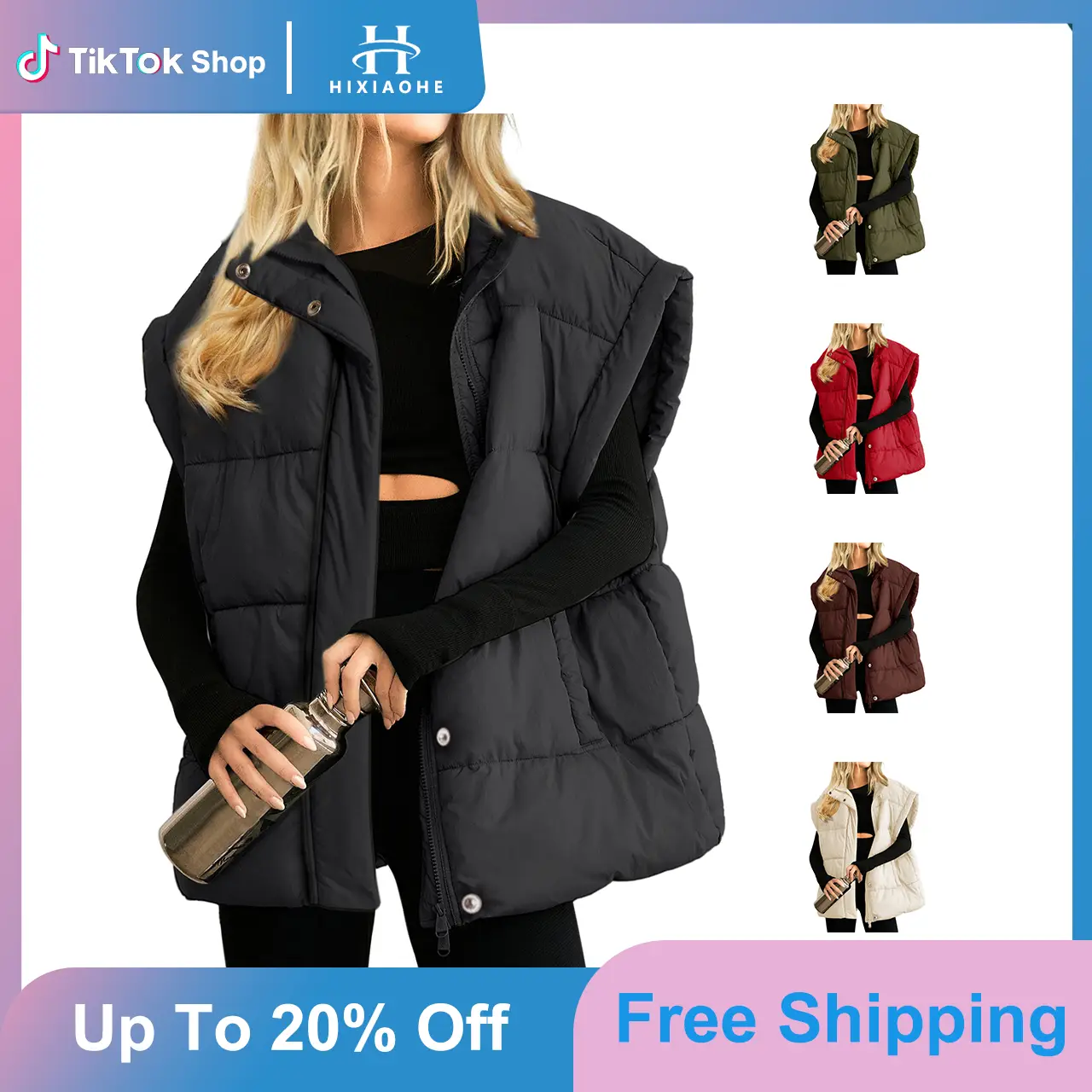 Hixiaohe Womens Casual Oversized Puffer Vest Stand Collar Full Zip Sleeveless Bubble Puffer Vest Quilted Padded Warm Coat Outwear