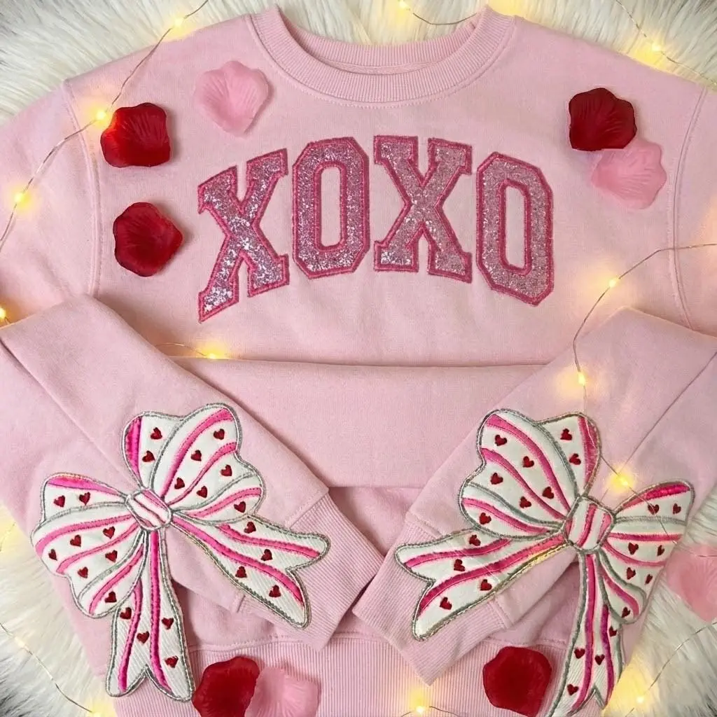 Embroidered XOXO Applique Glitter Embroidered Sweatshirt, Side Bow Glitter Crewneck, Valentine Coquette Side Bow Shirt, Valentine Gift
