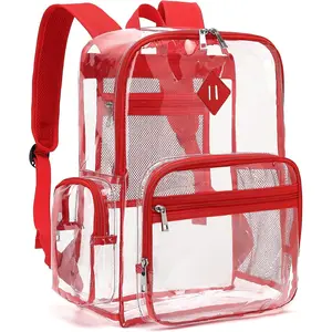 Heavy Duty Clear Backpack for Girls Boys Women Men, PVC Transparent School Backpacks See Through College Bookbag (Red)