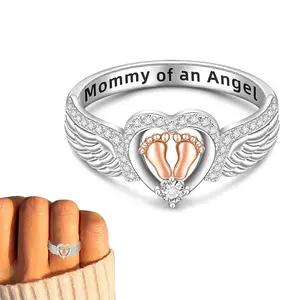 Mommy of An Angel Rings Angel Wing Ring Footprint Memorial Mothers Day Gifts, Angel Wing Ring with Heart For Women Variety Of Clothing Daily Decoration