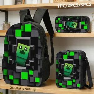 Minecraft Zombie 3-Piece Backpack Set, Pixel Block Print School Bag, Oxford Cloth Adjustable Strap Daypack for Gamers & Kids