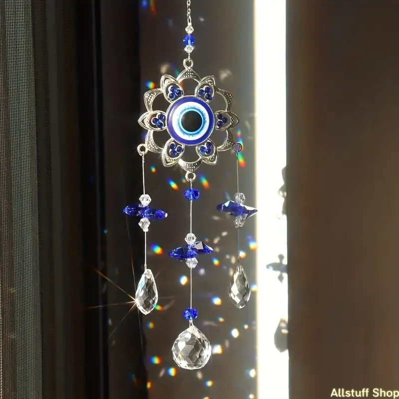 1pc Shiny Blue Crystal Evil Eye Hangable Suncatcher - Crystal, Bright, Eye-Themed, Blinged-Out, Funky Hanging Decor, DIY Luggage & Bag Accessory, Protective Housewarming Gift Creating Rainbows, Crystal Hanging Decor