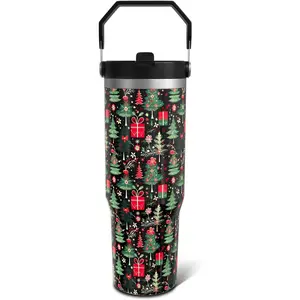 Stainless Steel Christmas Tumbler 30oz Insulated Cup with Flip Straw & Top Handle for Holiday Gifts Women Men Green Xmas Tree Design