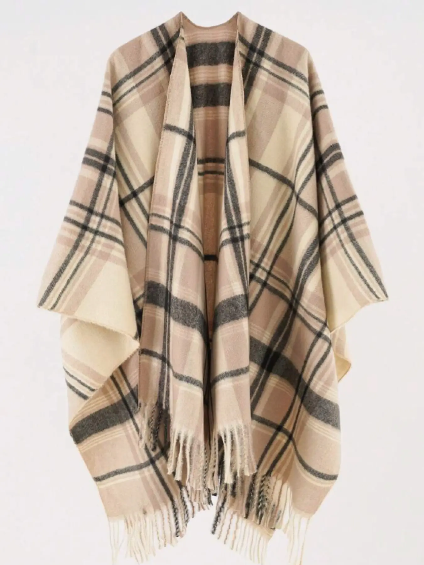 Women's Fitted Plaid Blanket Pattern Coat Capes, Stylish Shawl & Wrap for Fall Winter, Versatile Outerwear Accessory, Blanket Scarf, Fashion Shawl Wrap, Shawl Cover Ups