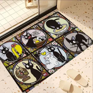Kiki's Delivery Service Stained Glass Flannel Door Mat – Whimsical Jiji Cat Design, Studio Ghibli Vibe, Non-Slip Indoor/Outdoor Mat for Ghibli Fans, Household Decorative Rug