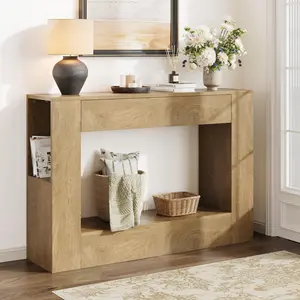 Farmhouse Console Table with Drawer, 47'' Wood Entryway Table with Storage Shelves, Narrow Sofa Table Behind Couch for Living Room, Hallway, Foyer (Natural)