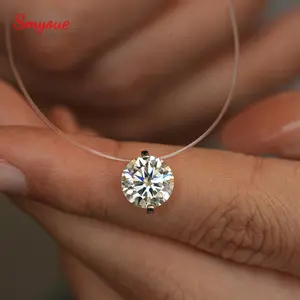 Smyoue 0.5-2CT Brilliant Cut Certified Moissanite Necklace for Women Sparkling Fishing Line Pendant Pure S925 Plated 18k Gold