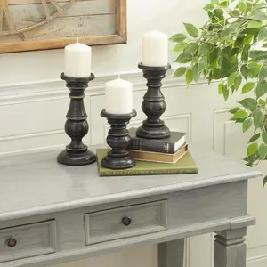 Set of 3 Mango Wood Distressed Turned Pillar Decorative Candle Holder Set of 3 6", 8", 10"H