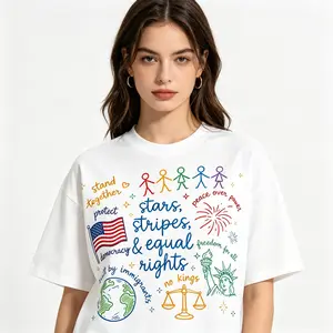 Stars Stripes & Equal Rights Hand Drawn Immigrant Democracy Rainbow Stick Figure Graphic Oversized White T-Shirt, Liberal Pro Immigration Equal Justice Freedom For All Women's Cotton Tee, Progressive Patriotic Casual Top