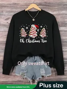 【Plus Size】 Letter & Christmas Tree Print Pullover Sweatshirt, 1 Count Casual Long Sleeve Crew Neck Sweatshirt for Fall & Winter, Women's Clothing