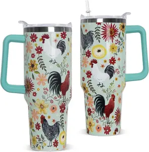 Chicken Tumbler with Handle and Straw 40 oz Chicken Floral Cup Rooster Coffee Travel Mug Stainless Steel Insulated Water Bottle Chicken Stuff Decor Gifts for Women