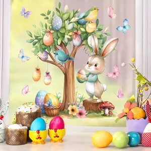 Easter Themed Holiday Bunny Rabbit Egg Tree Bird Static Cling Stickers, Multi-Purpose Window Mall Bedroom Glass Decals, High-End Style Decorative Stickers
