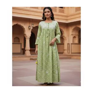 Floral Cotton Kurti Dress/Top Top-11 Green with Embroidered Yoke & Bell Sleeves for All Seasons Comfortable Stylish Women's Clothing
