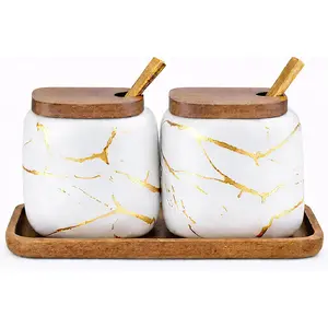 2 Sets of Marble Ceramic Seasoning Jars Sugar Bowl with Lids Tray and Spoons (white)