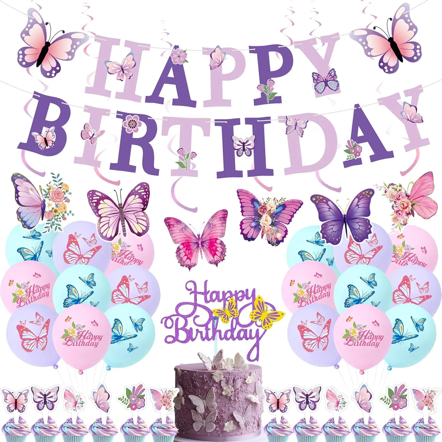 Butterfly Birthday Party Decorations Girls - 39 count  Happy Birthday Banner  Swirls Cake Topper Latex Balloons for Girls Women Butterfly Themed  Shower Decor Suppiles