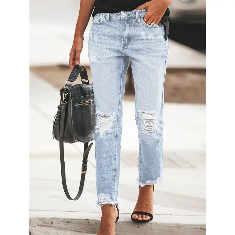 Women's Boyfriend Jeans Stretchy Ripped Distressed Denim PantsGift