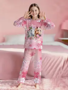 Cherry Blossom Twin-Horse Princess Pajamas, Floral Print Pajama, Oil Painting Style 2-Piece Set for Girls, featuring digital printed long-sleeve top and long pants, made of flame-retardant fabric. This comfortable and soft pajama set is suitable for