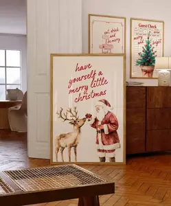 Vintage Christmas Wall Art, Santa Claus Reindeer Print Retro Holiday Poster Merry Little Christmas Decoration Festive Home Decor