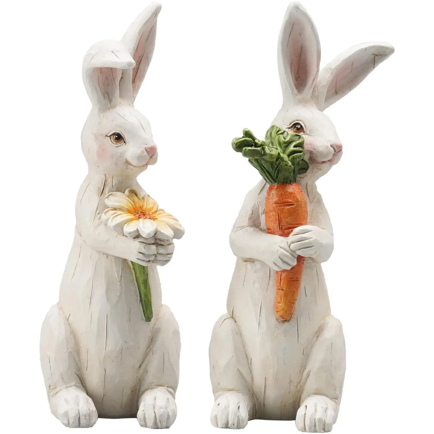 2PC Decorative Easter Resin Rabbit Figurines - 2-Piece Set, 4.9in, Carrot Accent, Flower Details, Holiday Spring Theme Good Luck Symbol, Home Decor Tabletop Centerpiece Ornaments, Statues & Bobbleheads for Parents