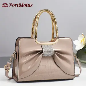 Large Capacity Leather Handbag for Women with Golden Braided Top-Handle & Adjustable Shoulder Strap  with Large Bow Decoration & Crocodile Embossed Design