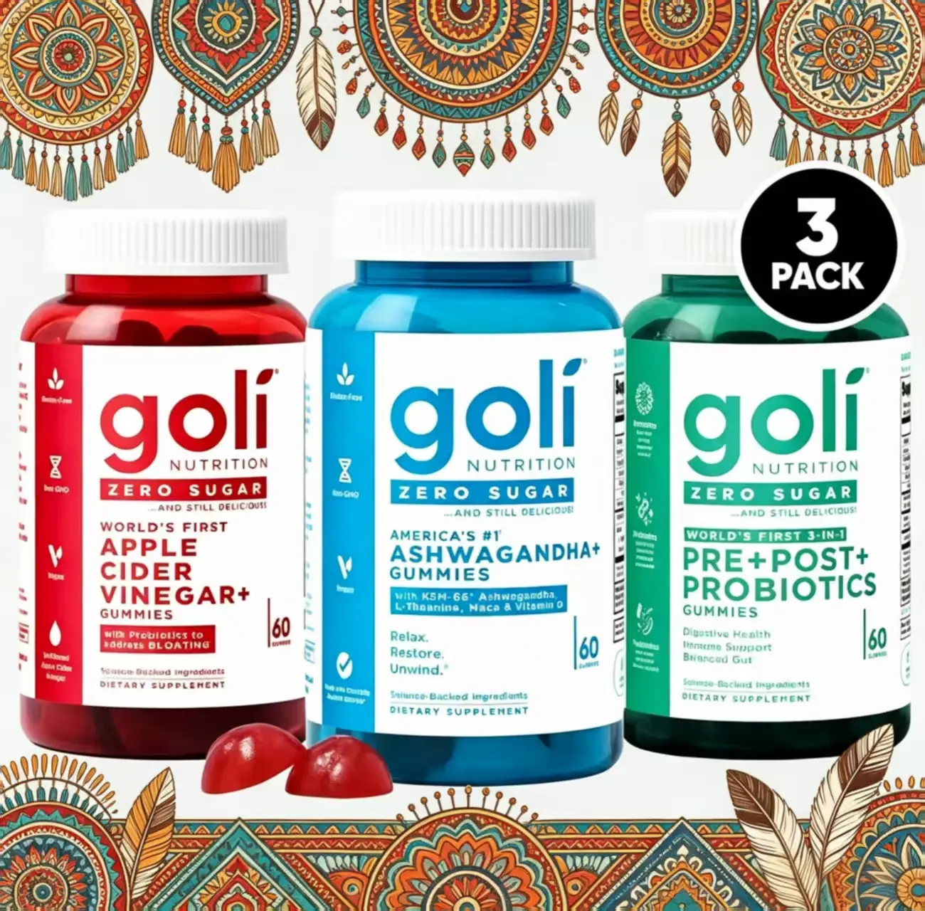 Goli Nutrition Zero Sugar 3 Pack Gummies Bundle | Apple Cider Vinegar, Ashwagandha, Pre+Post Probiotics, Gut Digestion