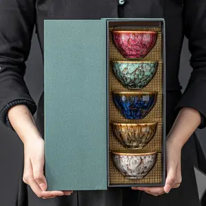 Handcrafted Ceramic Tea Cups Set of 5 Traditional Kiln-Transformed Five Elements Kung Fu Jianzhan Style Business Gifts for Elegant Occasions Unique Designs Versatile Use