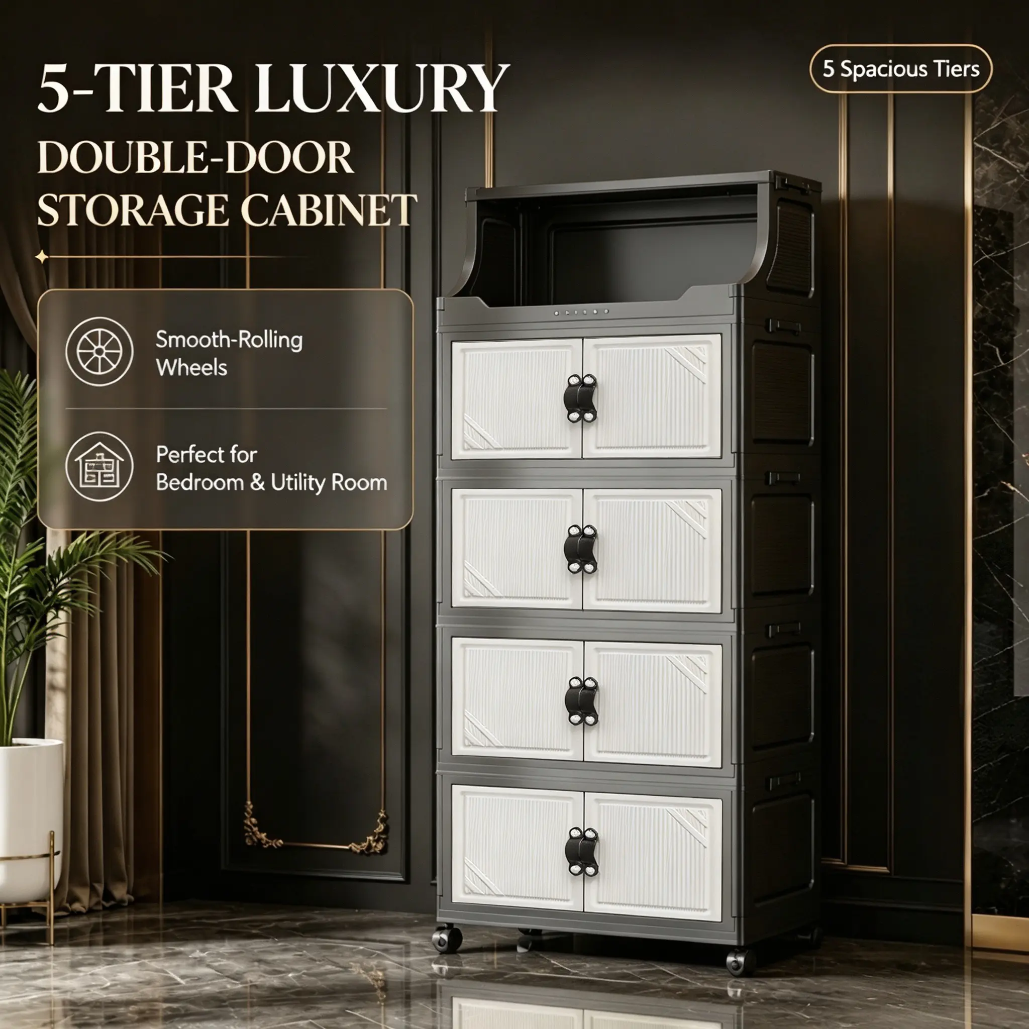 3-6 Tier Large Capacity Stackable Storage Cabinet with Lid, Foldable Wardrobe Storage Box with Double Doors and 360 Degree Lockable Wheels, Multifunctional Space Saving Plastic Storage Organizer for Home, Living Room and Dormitory