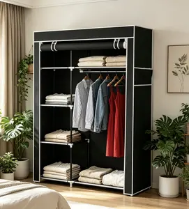 64" Black Portable Closet Storage Organizer - Wardrobe Clothes Rack with Shelves for Home Storage Organization