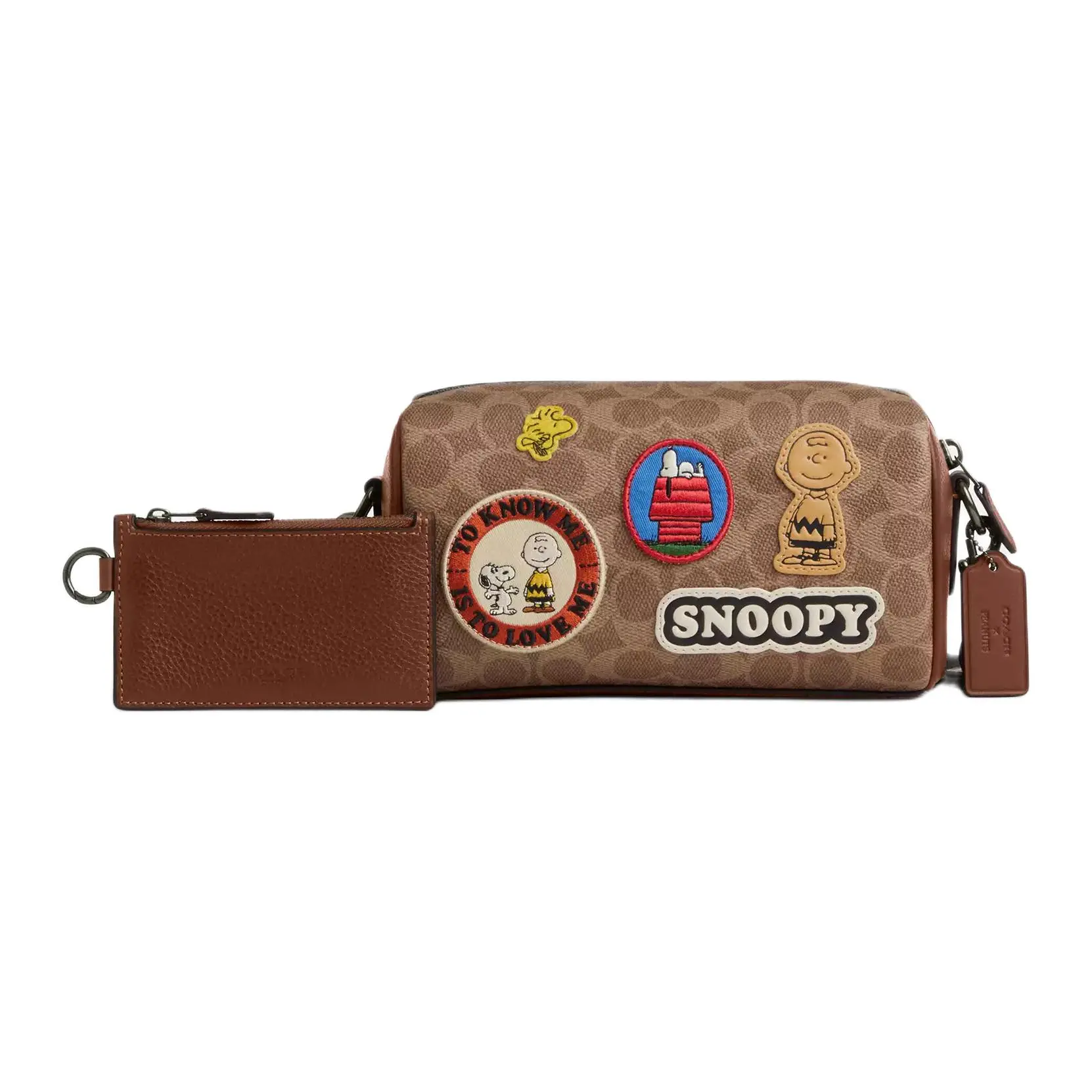 COACH x PEANUTS Axel 21 Small Crossbody Bag With Cartoon Patch Design And Coated Canvas For Women In Brown Cowhide Purses Embellished Shoulder Bag