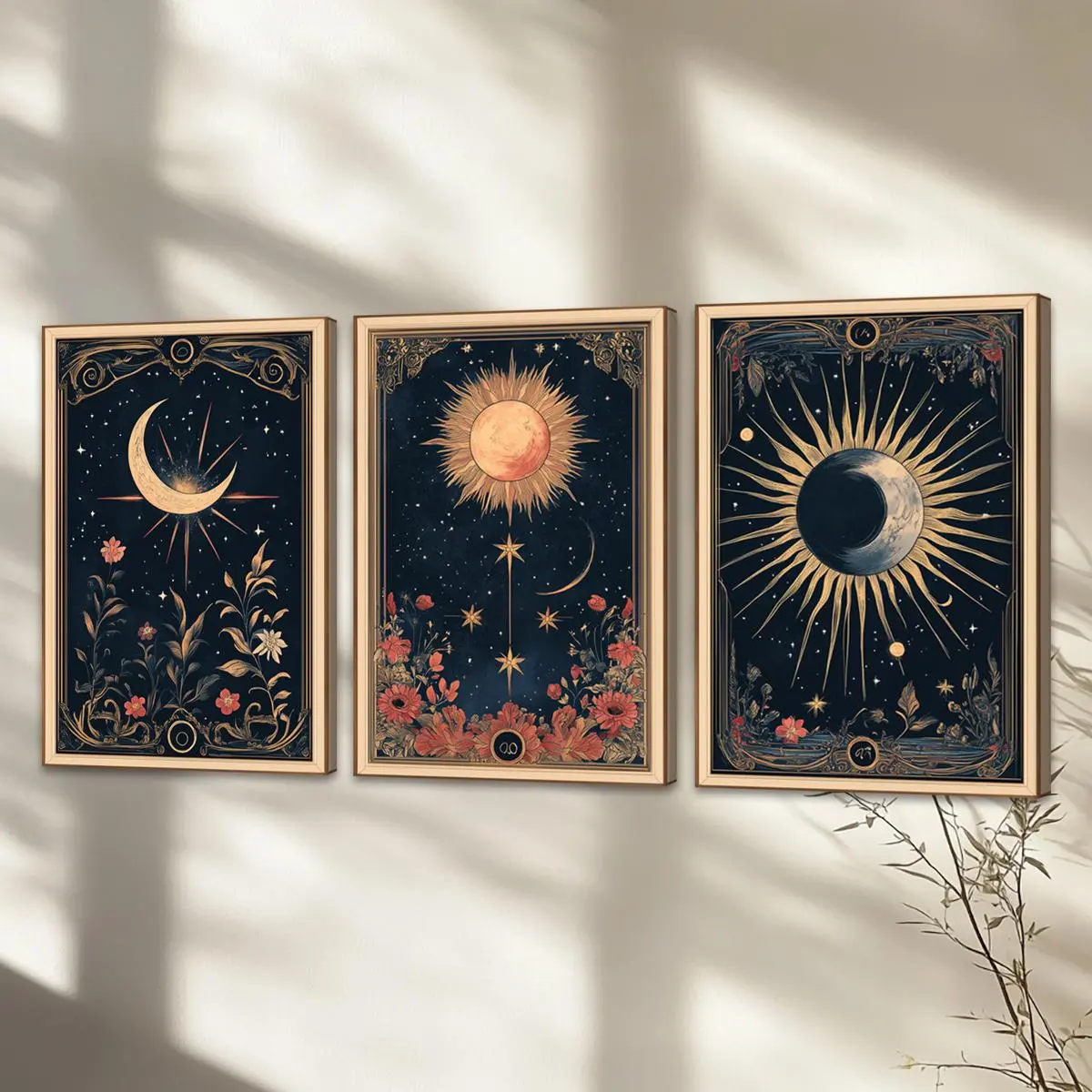 Vintage Sun & Moon & Flower Pattern Canvas Painting without Frame, 3 Counts/set Wall Art Poster, Wall Art Decor for Home Living Room Bedroom Office, Ornaments