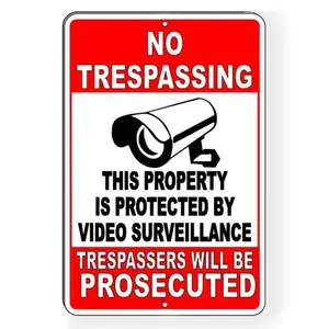 Aluminum No Trespassing Sign with Video Surveillance and Property Protected Warning for Outdoor Security